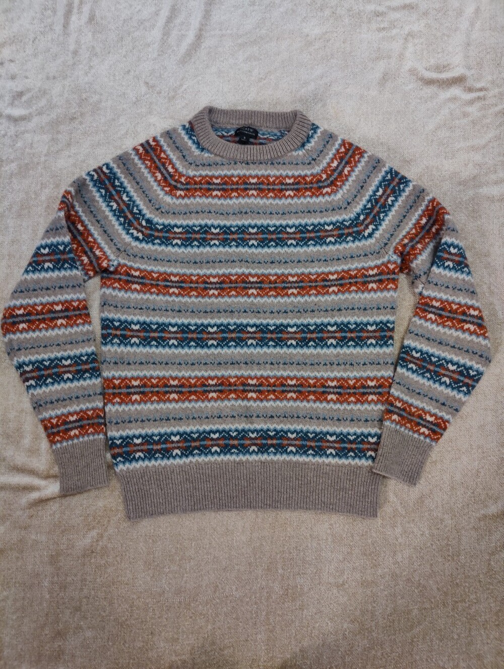 J. Crew 100% Lambswool Fair Isle Crewneck Sweater in Beige with Blue & Orange, S